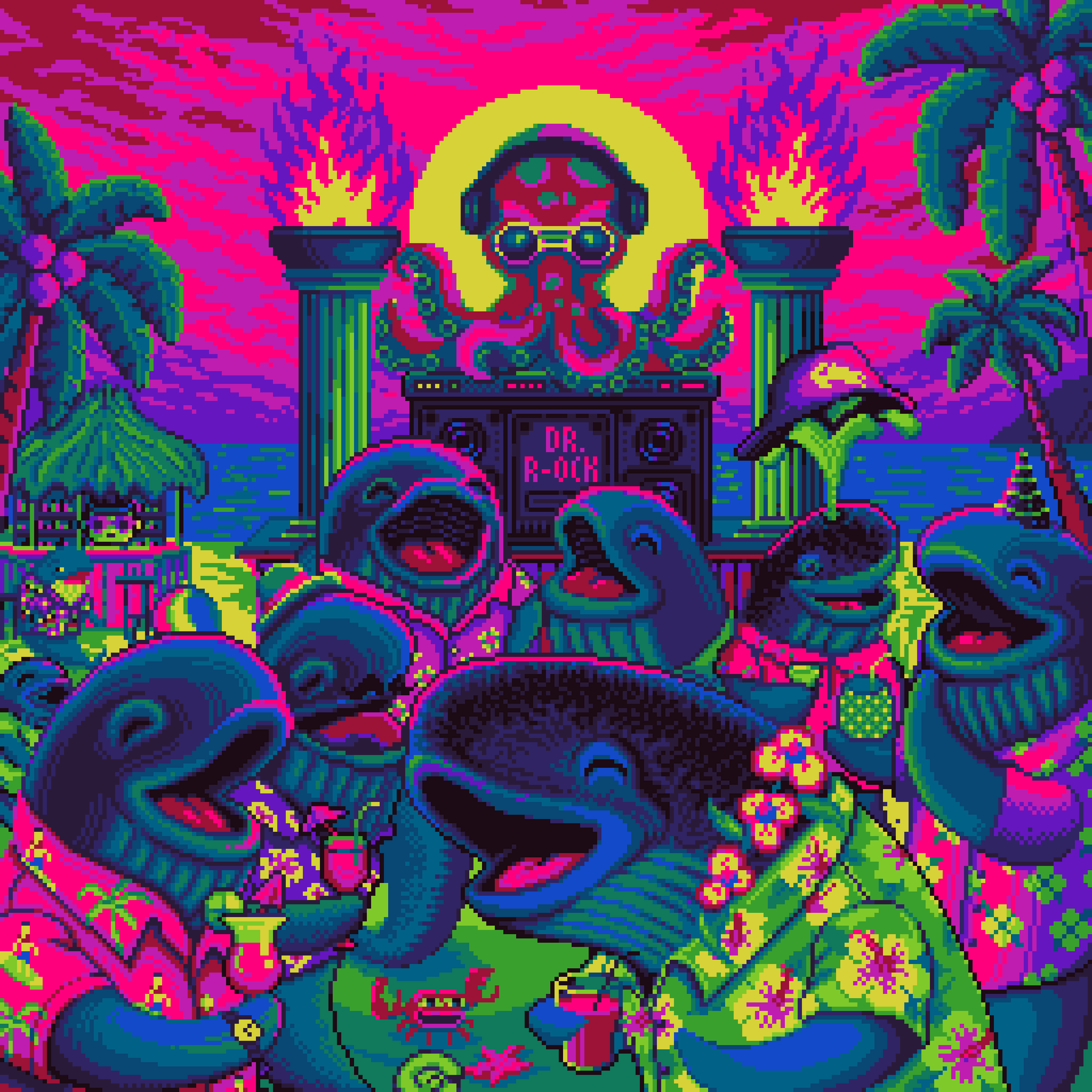 BasePaint Day #785: Whales Wearing Hawaiian Shirts