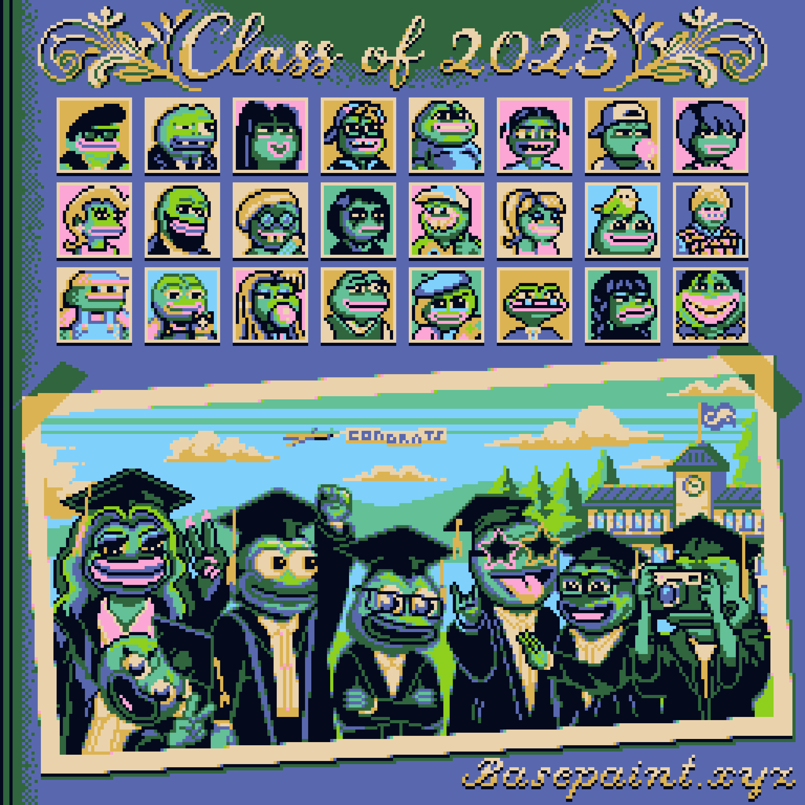 BasePaint Day #979: Pepe's Graduation Yearbook